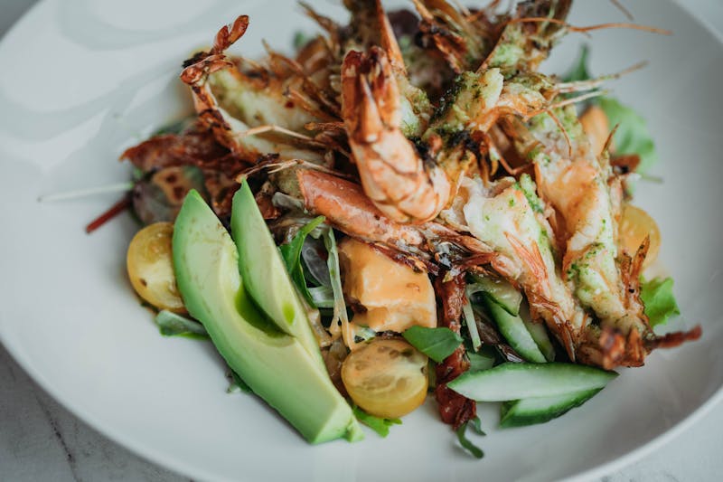 Shrimp tostada bowl with fresh toppings